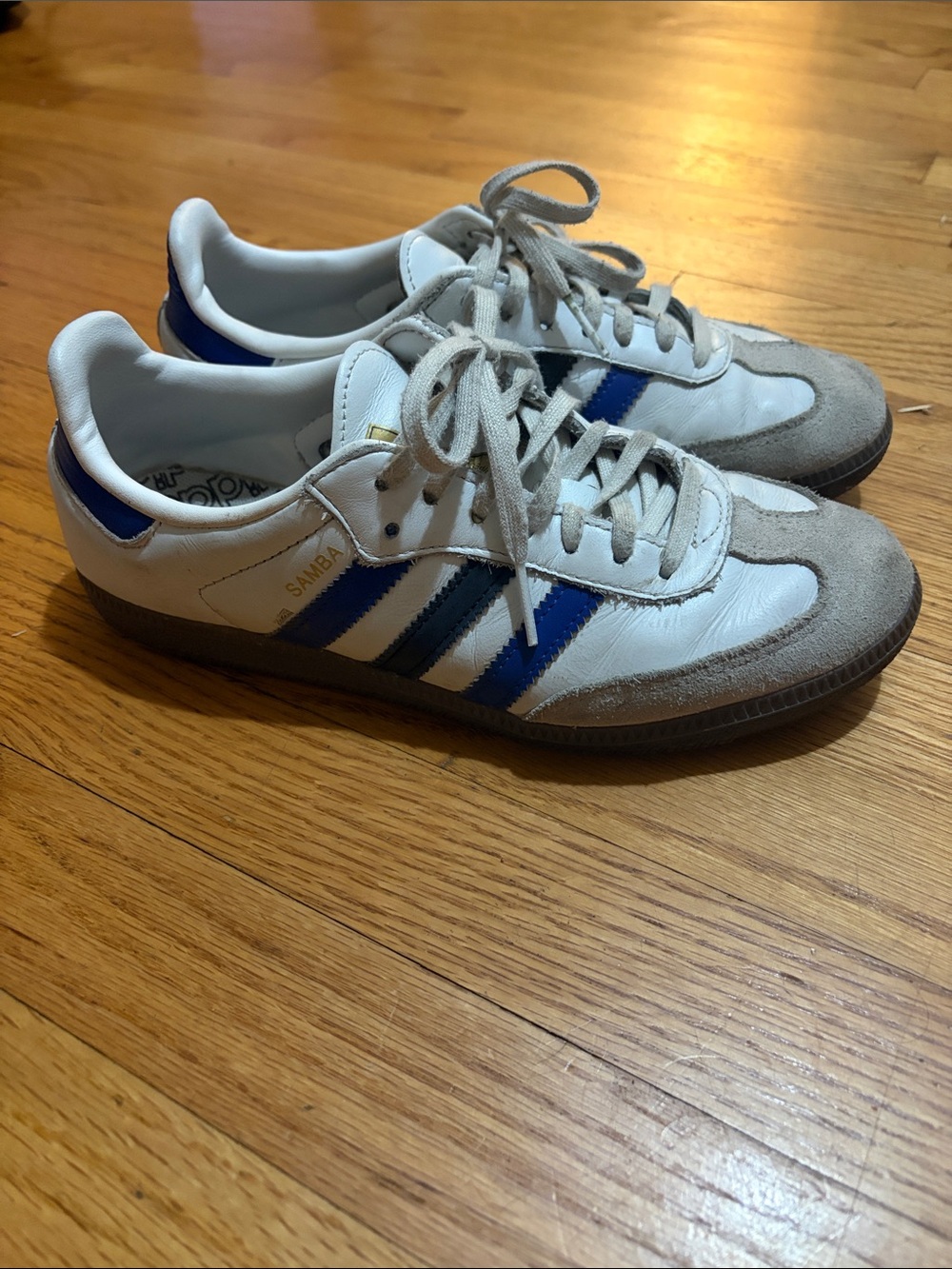 adidas White Sneakers with Blue Stripes and Gray Suede
